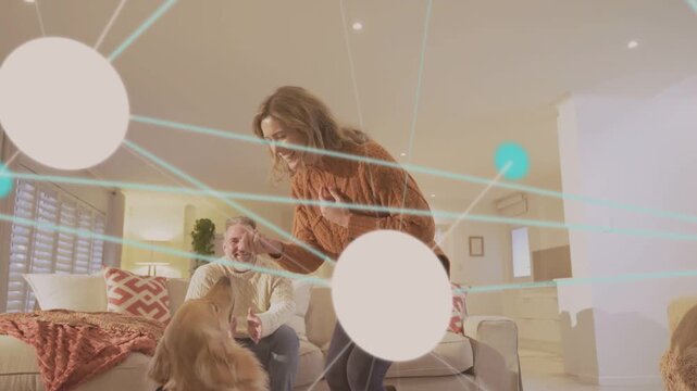 Woman calling and offering treat, kneeling to reward dog in home scene, animated circles sweeping