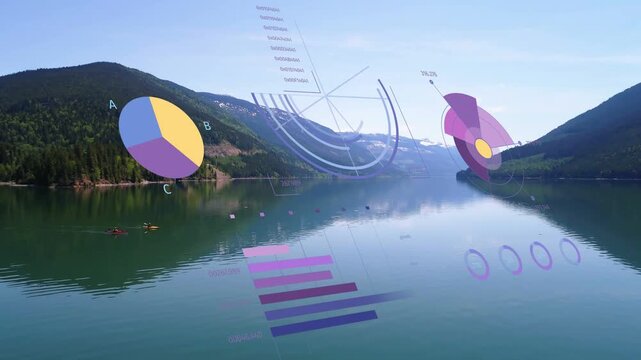 Data starting, AR HUD appearing shifting over mountain lake for insight while kayaks paddling