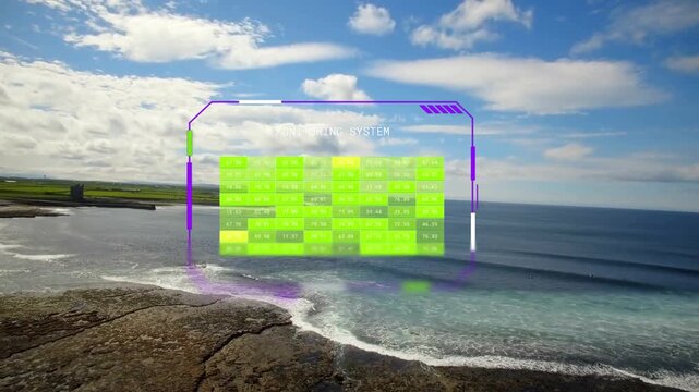 HUD overlay appearing over sea, green tiles pulsing and glowing while cam drifting to monitor coast