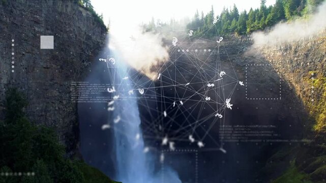Waterfall flowing from cliff rim initiating spherical network growing, rotating, visualizing data