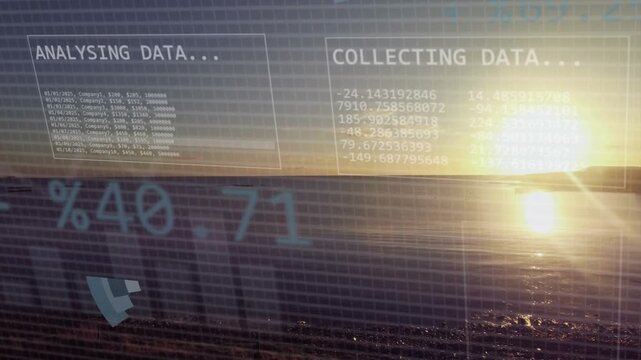 Faceted 3D object appearing, AR overlay animating over sunset, charts splitting and collecting data
