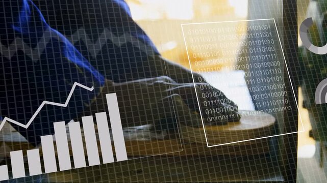 ANALYSING DATA prompt appearing, analyst hands sliding over laptop, HUD charts growing for analysis