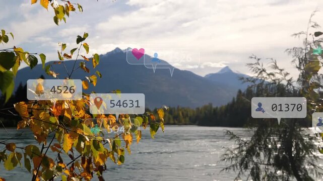 Yellow-orange branch swaying as alert icons rising from right drifting over lake showing engagement