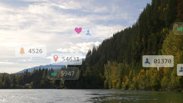 New alerts appearing at treeline, bubbles clustering, drifting and fading over river, showing stats