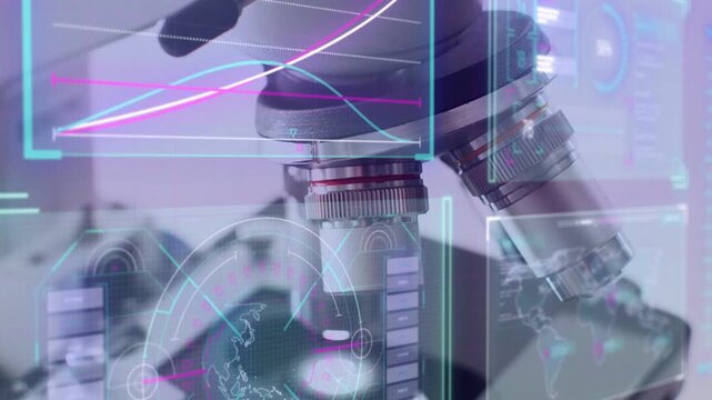HUD activating, microscope descending, turret rotating, charts rising, showing sample data in lab