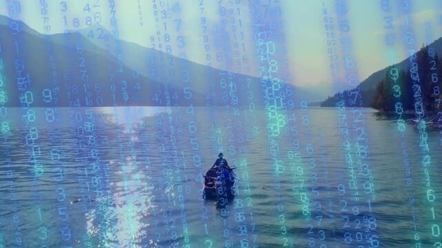 Wide-hat man rowing into frame, passing sun glint as numeric columns overlay lake for fishing tech