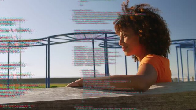 Woman leaning on bench relaxing, watching horizon at playground, tech overlay glitching over her
