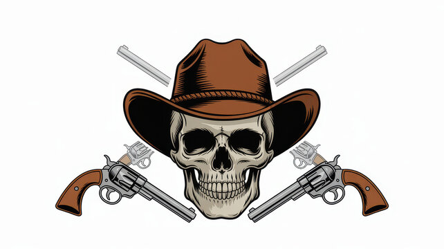 Human skull wearing a brown cowboy hat with four revolver pistols on a white background