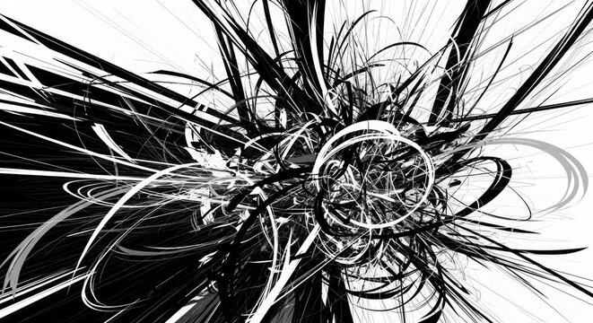 Abstract black and white chaotic digital line art background