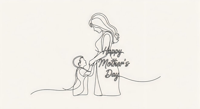 Continuous line drawing of mother and son for mothers day