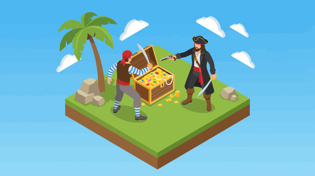 Two pirates confront each other over a treasure chest on a tropical island, showcasing adventure, rivalry, and pursuit of treasure in a vibrant cartoonish setting.