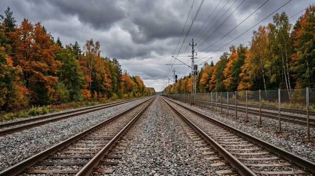 Symmetrical railway tracks stretching through a vibrant autumn forest under cloudy skies.