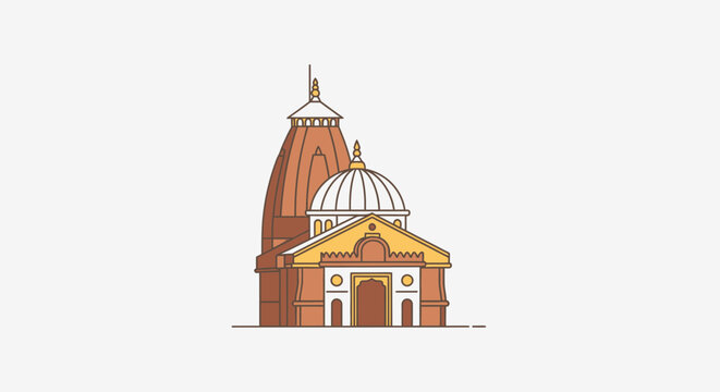 Minimalist illustration of badrinath temple with orange and yellow hues and white domes on a plain background