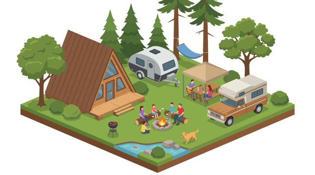 This isometric illustration depicts an inviting camping scene with people gathering around a campfire, surrounded by nature, promoting a sense of community and outdoor adventure.