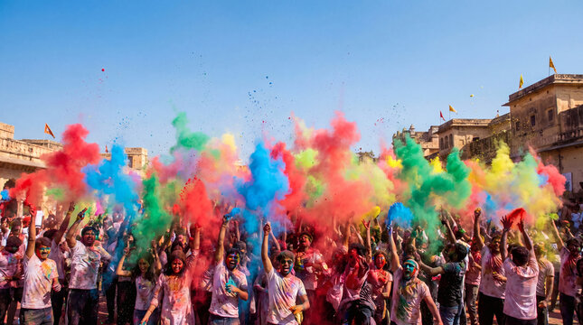 Crowd of people throwing colorful powder at Holi festival in India