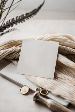 Aesthetic square 5x5 card mockup with blank invitation and wax seal. Fine art flat lay with textured fabric and stone pedestal. Minimalist artisanal stationery branding template