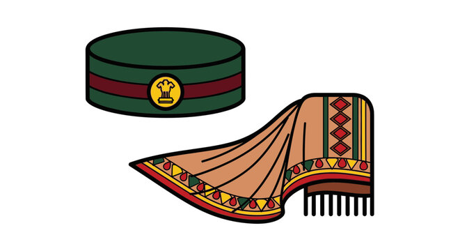 Traditional headdress and comb vector icon set cultural symbol ethnic accessory green hat with red stripe and gold emblem colorful hair comb
