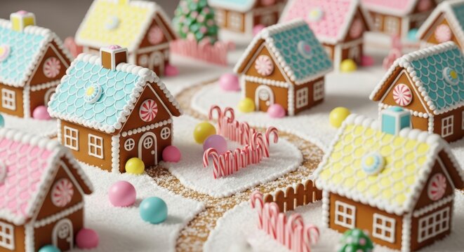 Colorful gingerbread houses with candy decorations on a snowy surface
