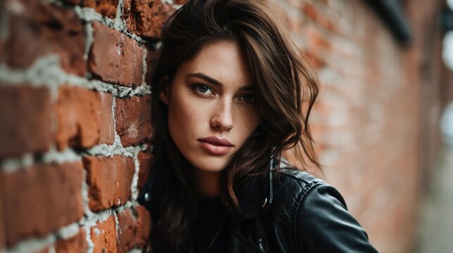 This captures a confident young woman with a serious expression, leaning against a textured brick wall. She is wearing a stylish leather jacket, conveying a sense of urban fashion and individuality.