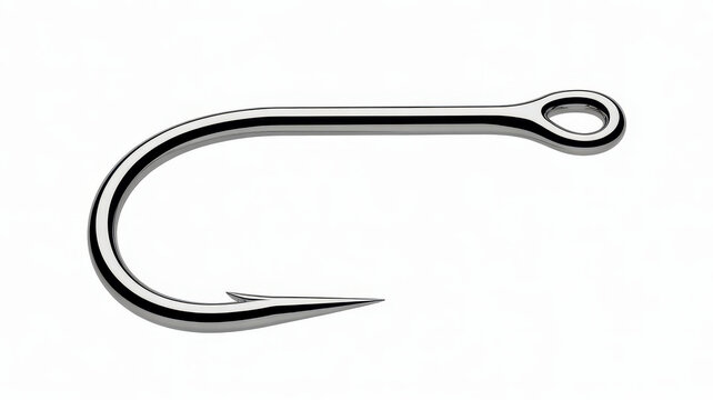 One shiny metal fishing hook with a sharp point isolated on a clean white background
