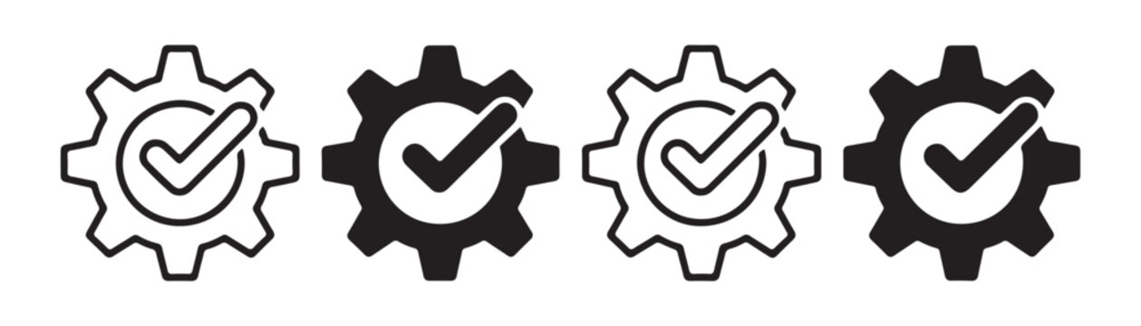 Settings complete gear icon set with checkmark sign for verified process and success engineering milestones.