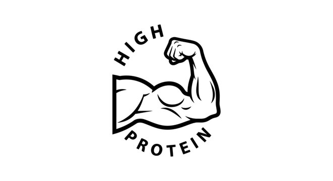 strong flexing arm with high protein text for fitness and bodybuilding