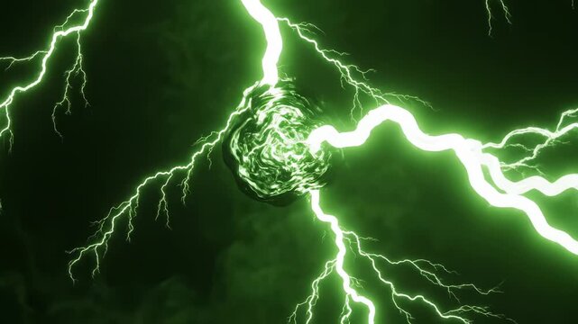 Green lightning in night sky highlighting geometric patterns and contemporary art