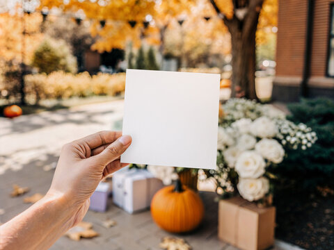 Aesthetic autumn mockup with blank square 5x5 card held by hand. Fall outdoor display with pumpkins, flowers and gifts on blurred background. Seasonal stationery branding template