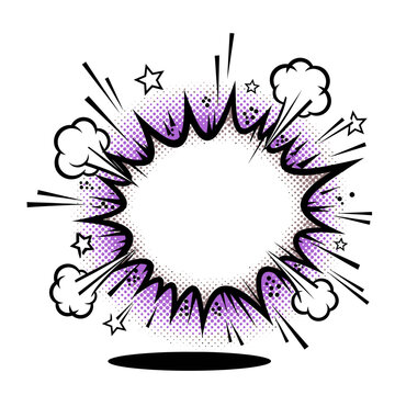 Dynamic Action Bubble Resembling a Smoke Blast, Neon Purple and Orange Halftone Pop Art Background