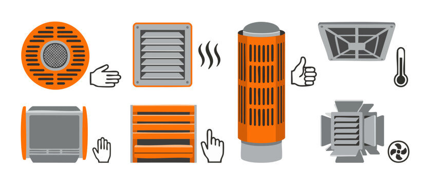 HVAC Ventilation Grille Icons Set for Air Conditioning and Heating Systems, Industrial Air Vent Collection with Hand Gestures, Temperature Gauge, and Fan Symbols for Building Climate Control Infograph