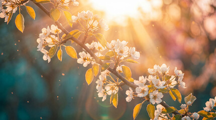 Beautiful white cherry blossoms on a branch, illuminated by radiant golden sunset light with...