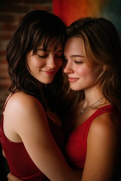 Two young women in red friends embracing close cheek to cheek smiling