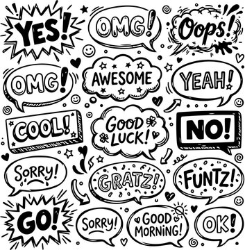 Dynamic collection of hand-drawn speech bubbles featuring common exclamations, greetings, and reactions in a doodle art style for engaging visual communication