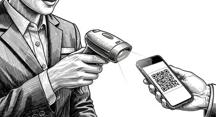Man scanning QR code on smartphone with handheld scanner. © Minatullohilmalikil