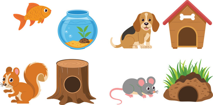 Cute animals and their homes collection with goldfish bowl dog house and squirrel tree hole for nursery decor, cartoon animal habitats set for kids nature flat vector illustration
