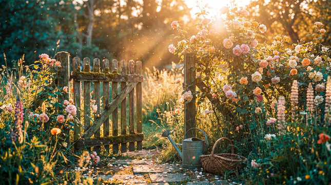 Idyllic cottage garden gate framed by blooming pink roses and lush greenery under warm golden sunlight