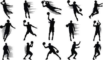 Basketball player silhouette action poses collection, dynamic dribbling, shooting, dunking, sports motion illustration, athletic movement vector design for graphic art © MSTMISLA
