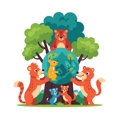 Naklejka premium Playful forest animals gather around the globe in harmony.