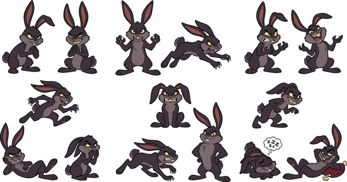 Dark Evil Cartoon Rabbit Character Large Set with Multiple Sinister Action and Resting Poses Running Jumping Sitting and Fighting in Dark Grey and Black Colors Halloween Vector Illustration
