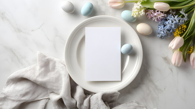 Elegant Easter dining table setting with blank white menu mockup laying on plate. Pastel blue eggs and spring flowers in the top view. Restaurant invitation card template mocked up with copy space.
