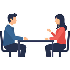 Obraz premium Two people sitting at a table talking and gesturing in discussion