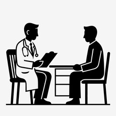Fototapeta premium Doctor consulting with a patient across a desk in a medical office, depicted in a minimalist black and white illustration.