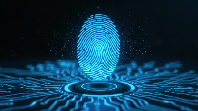 A glowing blue fingerprint rises from a circuit board in a dark room.