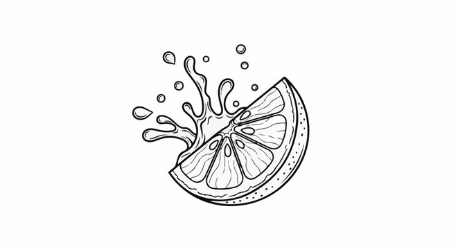 A black and white line drawing of a citrus slice with a splash