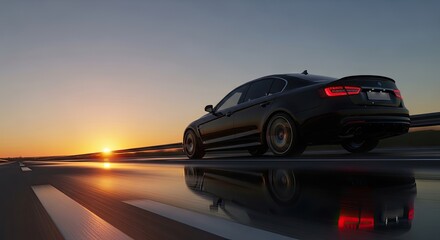 Obraz premium A sleek black BMW M3 sports car is parked on a race track at sunset, with the sun setting behind the horizon and casting a warm glow over the scene.