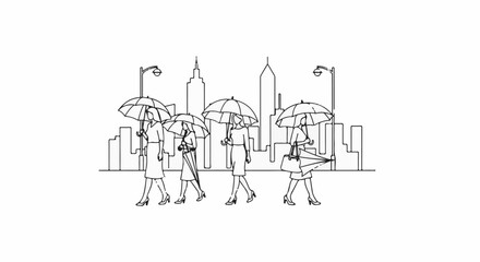 Naklejka premium Women with umbrellas walk down a city street, skyline in background