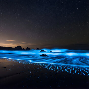 Experience the magic of a bioluminescent beach at night. Glowing neon blue waves hit the dark shore under a starry sky. This ethereal nature landscape captures the wonder of sea sparkle and starlight.