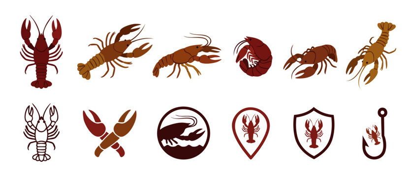 Crayfish lobster icons set, crustacean vector illustrations, river crawfish silhouette and flat graphics for seafood menu design, restaurant branding, fishing logos, and marine biology educational ass