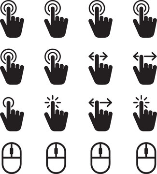 Collection of diverse hand touch gestures and computer mouse icons for digital interface