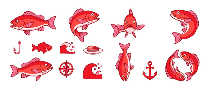 Red Snapper Fish Vector Set, Nautical Icons and Marine Life Illustrations for Seafood Menu Design, Fishing Sport Concept and Ocean Adventure Graphics featuring Anchor, Compass, Wave and Hooks Elements